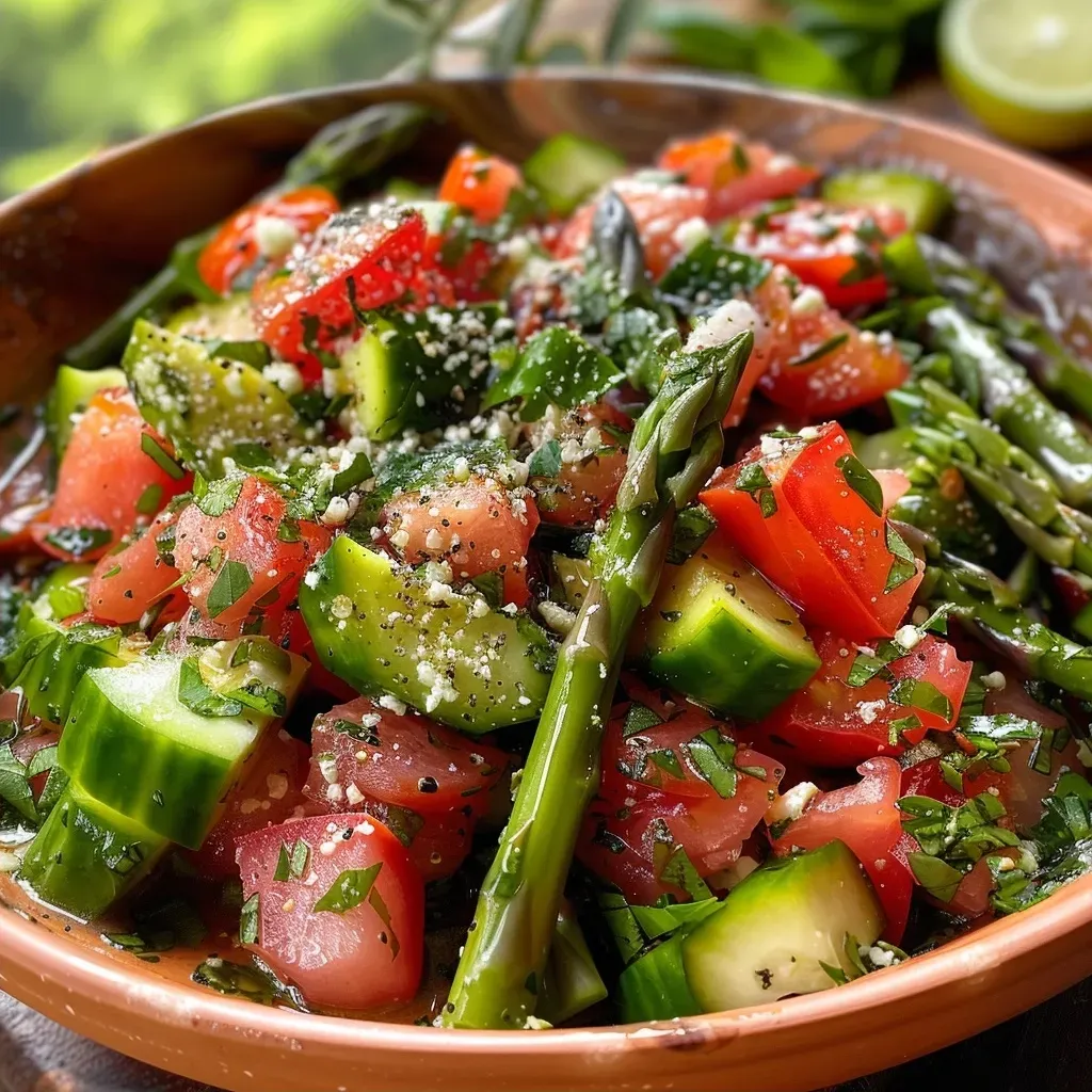 ['Salada fresca de aspargos, tomates e nozes.', 'Close de salada de aspargos com tomate-cereja.', 'Salada colorida com aspargos e azeitonas.', 'Detalhe de salada com cebola roxa e queijo parmesão.']