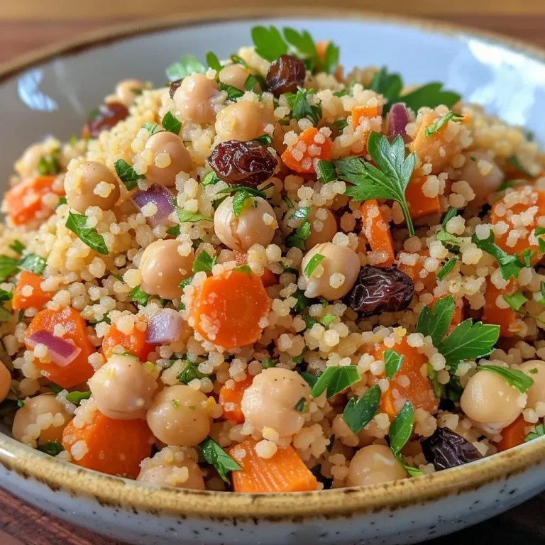 ['Salada de couscous marroquino com grão-de-bico e cenoura.', 'Close-up de salada colorida de couscous com ingredientes frescos.', 'Salada de couscous marroquino com grão-de-bico e vegetais.', 'Prato de salada de couscous com cenoura e especiarias marroquinas.']