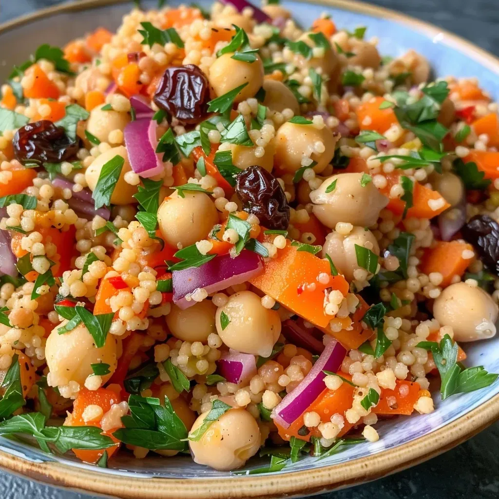 ['Salada de couscous marroquino com grão-de-bico e cenoura.', 'Close-up de salada colorida de couscous com ingredientes frescos.', 'Salada de couscous marroquino com grão-de-bico e vegetais.', 'Prato de salada de couscous com cenoura e especiarias marroquinas.']