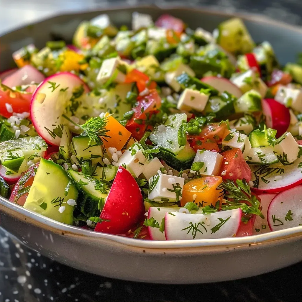 ['Salada de primavera colorida com rabanetes e molho de iogurte.', 'Close de uma salada leve com folhas verdes, rabanetes e molho cremoso.', 'Mix de vegetais frescos em uma tigela, incluindo rabanetes e molho de iogurte.', 'Salada vibrante de primavera com iogurte, rabanetes e ervas frescas.']