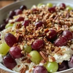 ['Salada de uva colorida com cream cheese e nozes.', 'Close-up de uma salada de uva fresca e cremosa.', 'Mistura de uvas vermelhas e verdes com molho branco.', 'Salada de uva com pecãs em uma tigela.']