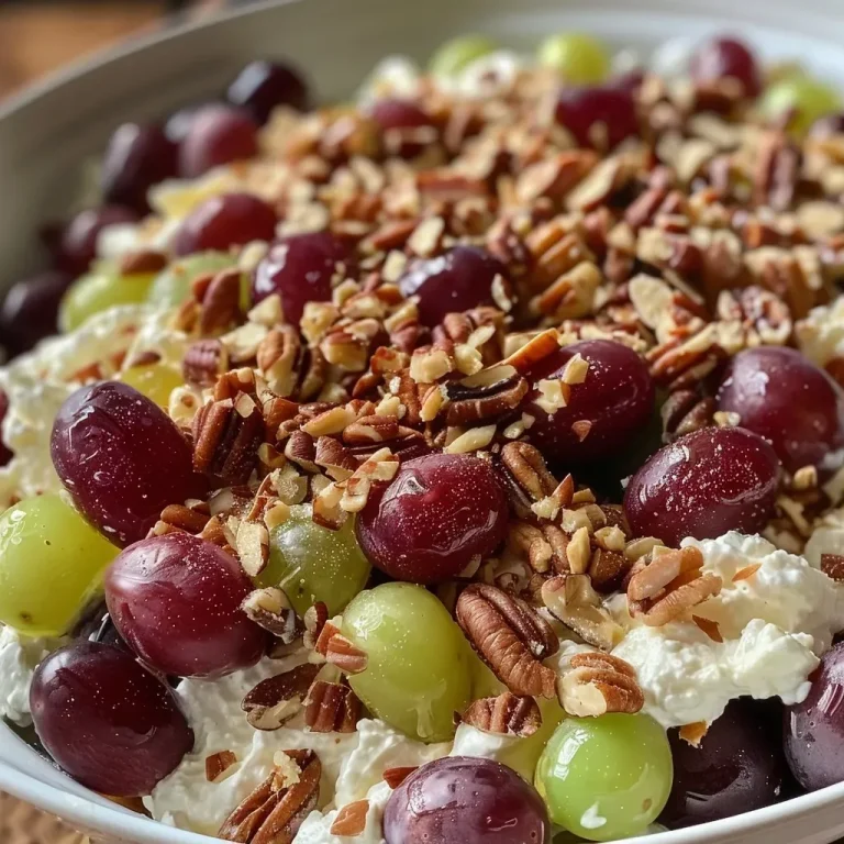 ['Salada de uva colorida com cream cheese e nozes.', 'Close-up de uma salada de uva fresca e cremosa.', 'Mistura de uvas vermelhas e verdes com molho branco.', 'Salada de uva com pecãs em uma tigela.']