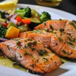['Filés de salmão assados com legumes coloridos em uma bandeja.', 'Salmão grelhado com brócolis, pimentões e cebolas assadas.', 'Prato de salmão acompanhado de legumes variados em uma assadeira.', 'Close de salmão assado com vegetais frescos, como abobrinha e pimentão.']