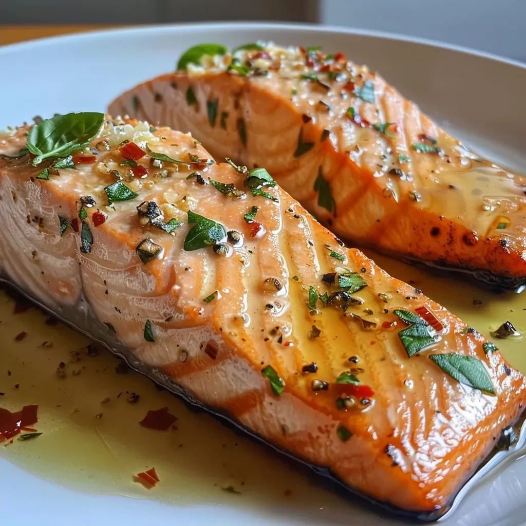['Filé de salmão suculento com molho cremoso.', 'Close-up de um prato de salmão com tomates secos.', 'Salmão Marry Me com alho e parmesão.', 'Salmão grelhado com ervas e molho cremoso.']