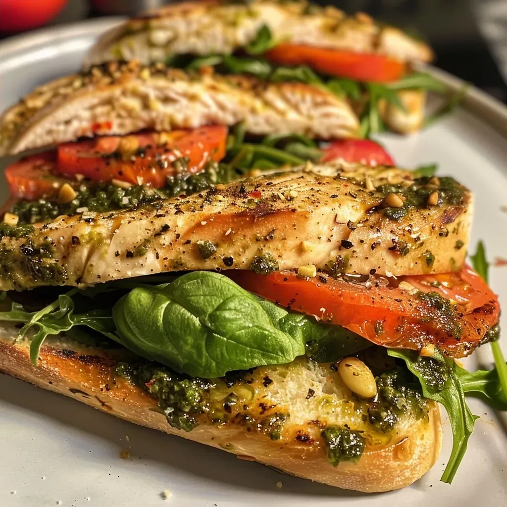 ['Sanduíche de frango grelhado com pesto, queijo mozzarella e tomate.', 'Close-up de um sanduíche de peito de frango grelhado, pesto e mozzarella.', 'Sanduíche crocante de frango grelhado com molho pesto e queijo fresco.', 'Vista lateral de um sanduíche de frango com pesto e arugula.']