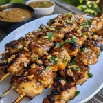 ['Cubos de frango grelhados com molho de amendoim.', 'Satay de frango com cobertura de molho de amendoim.', 'Peito de frango em espetos, servido com molho de amendoim.', 'Porção de chicken satay com molho e guarnições.']