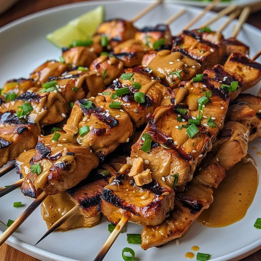['Cubos de frango grelhados com molho de amendoim.', 'Satay de frango com cobertura de molho de amendoim.', 'Peito de frango em espetos, servido com molho de amendoim.', 'Porção de chicken satay com molho e guarnições.']