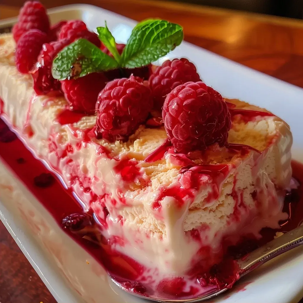 ['Semifreddo com calda de frutas vermelhas em destaque.', 'Delicioso semifreddo com cobertura de frutas vermelhas.', 'Prato de semifreddo com calda de frutas vermelhas.', 'Close-up de semifreddo servido com frutas vermelhas.']