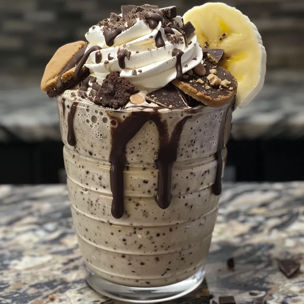 ['Shake de proteína com decoração de cookies e cream.', 'Close-up de um shake de proteína cremoso e apetitoso.', 'Copo de shake de cookies e cream com cobertura de queijo e cookies.', 'Shake de proteína cookies e cream em fundo desfocado.']