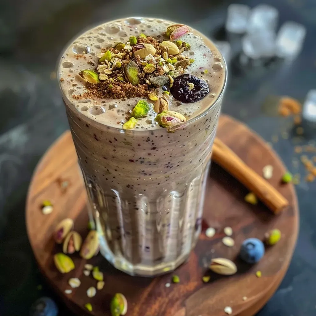 ['Smoothie de pistache e coco em copo com gelo.', 'Copo de smoothie com pistaches e coco ao fundo.', 'Bebida cremosa de pistache e coco com frutas.', 'Close-up de smoothie verde com decoração de pistache.']