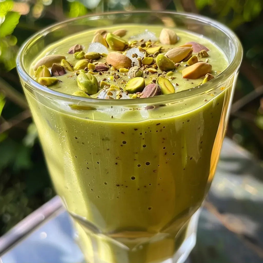 ['Smoothie de pistache com frutas em um copo.', 'Close-up de um smoothie verde cremoso de pistache.', 'Bebida refrescante de pistache com pedaços de frutas.', 'Copo de smoothie de pistache decorado com frutas.']