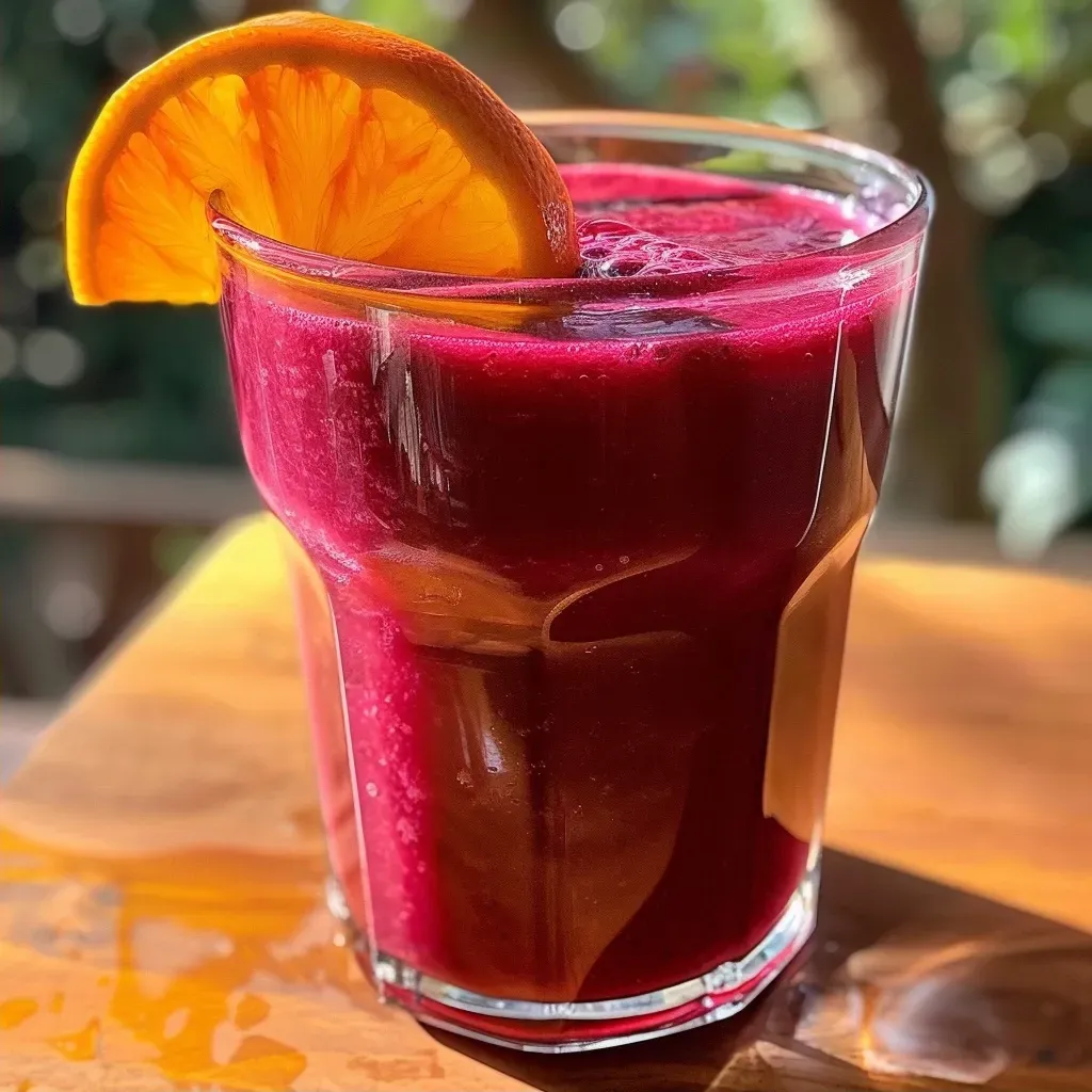 ['Suco de beterraba, cenoura e laranja em copo, com cores vibrantes.', 'Close-up de um suco fresco feito de beterraba, cenoura e laranja.', 'Copo de suco de beterraba, cenoura e laranja sobre fundo neutro.', 'Bebida saudável de beterraba, cenoura e laranja em detalhes.']