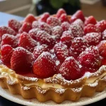 ['Tarte aux fraises com camadas de creme e morangos frescos.', 'Close-up de uma tarte de morango, mostrando a textura da massa e do recheio.', 'Vista lateral de uma tarte aux fraises, destacando a decoração com morangos.', 'Porção de tarte de morango com creme e frutas frescas.']