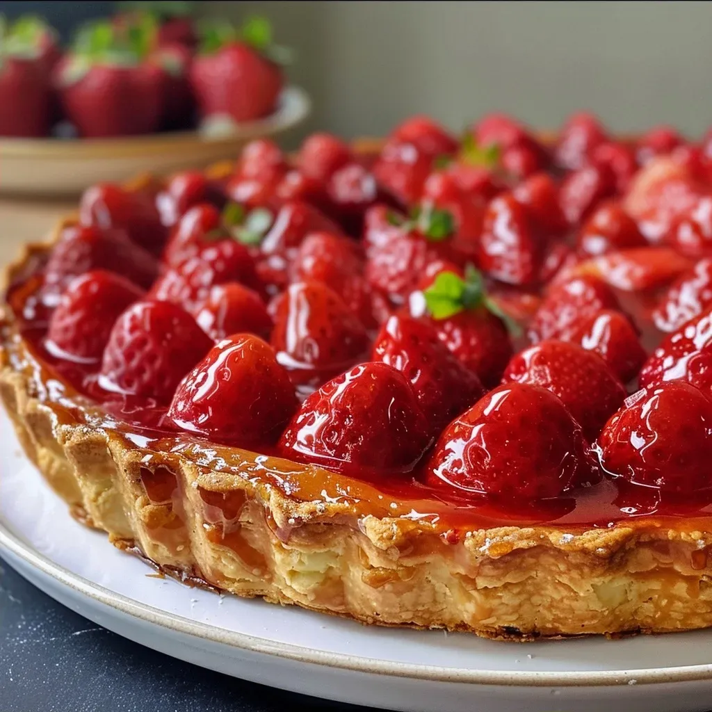 ['Tarte aux fraises com camadas de creme e morangos frescos.', 'Close-up de uma tarte de morango, mostrando a textura da massa e do recheio.', 'Vista lateral de uma tarte aux fraises, destacando a decoração com morangos.', 'Porção de tarte de morango com creme e frutas frescas.']