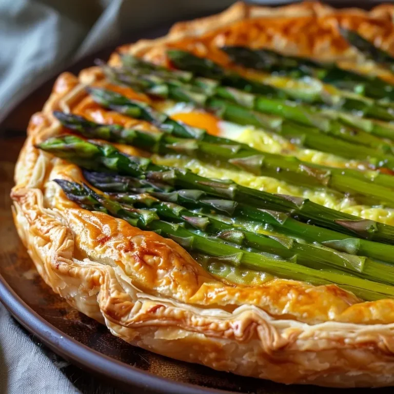 ['Tarte de aspargos verdes com queijo Gruyère, vista lateral.', 'Close-up de uma fatia de tarte de aspargos verdes e queijo.', 'Tarte de aspargos verdes e Gruyère, mostrando a textura crocante.', 'Tarte deliciosa de aspargos verdes com camadas de queijo, vista lateral.']