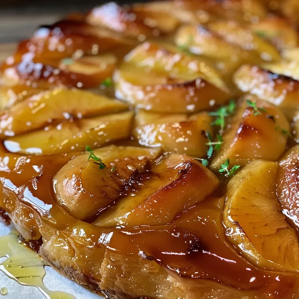 ['Fatia de Tarte Tatin caramelizada com maçãs.', 'Vista lateral de uma deliciosa Tarte Tatin.', 'Tarte Tatin apresentada em uma mesa, com maçãs em destaque.', 'Close-up de uma Tarte Tatin com crosta dourada.']