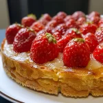 ['Torta de morangos em close, com morangos frescos e creme visíveis.', 'Vista lateral de uma torta de morangos, destacando a textura da massa e do creme.', 'Torta de morangos suculenta com camada de gelatina brilhante sobre os morangos.', 'Detalhe de uma torta de morangos, mostrando as camadas de creme e a cobertura.']