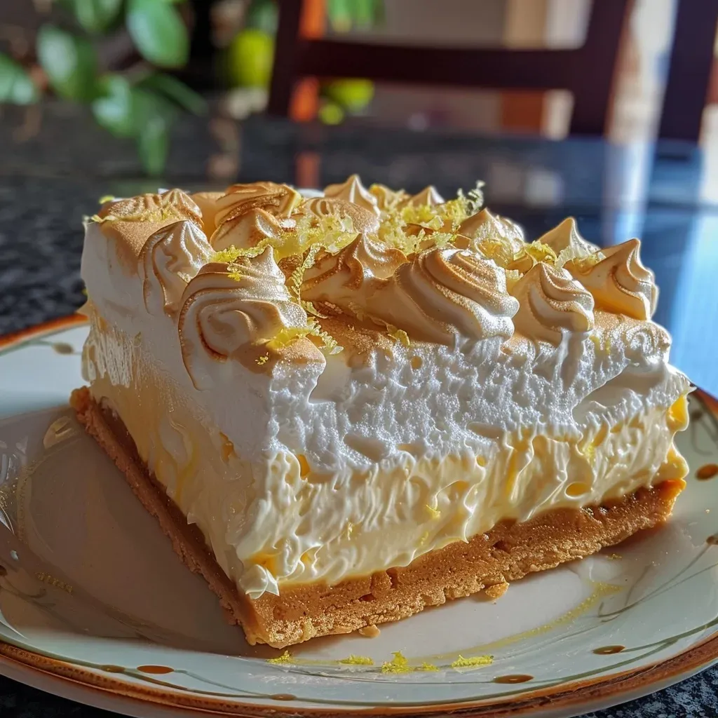 ['Torta merengue de limão com cobertura brilhante de merengue.', 'Fatia de torta de limão com biscoito maisena e merengue.', 'Close-up da torta merengue de limão com detalhes da cobertura.', 'Torta de limão com rosetas de merengue ao redor.']