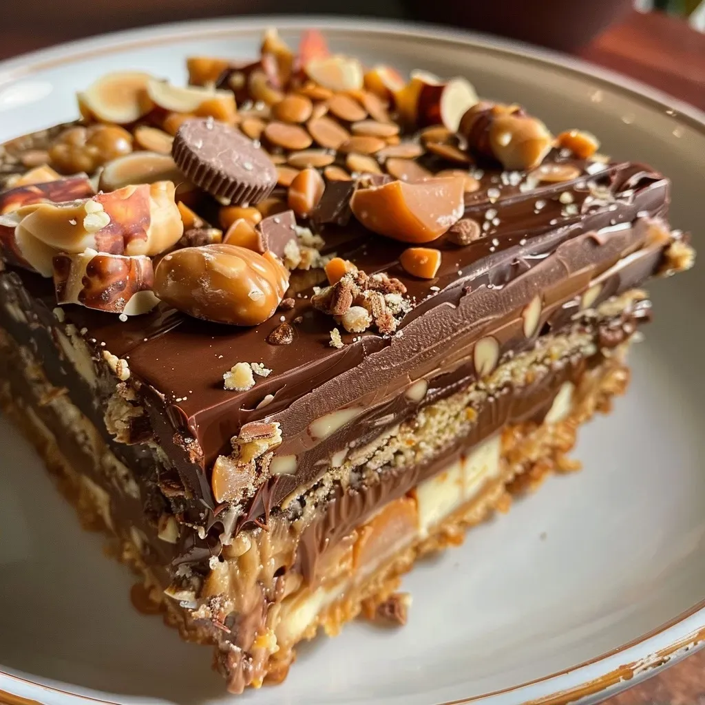 ['Torta Snickers vista lateral, com camadas de chocolate e amendoim.', 'Close-up de uma torta Snickers, mostrando sua textura cremosa e ingredientes.', 'Torta Snickers com pedaços de amendoim e chocolate, vista de lado.', 'Fatia de Torta Snickers destacando suas camadas e recheio.']