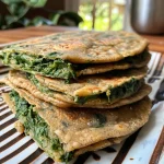 ['Tortilhas de espinafre saudáveis, mostrando sua textura e cor vibrante.', 'Close-up de tortilhas de espinafre, com ingredientes frescos ao redor.', 'Tortilhas de espinafre deliciosas, destacando a cor verde e aspecto caseiro.', 'Tortilhas saudáveis feitas de espinafre e farinha de grão-de-bico, apresentadas em um prato.']