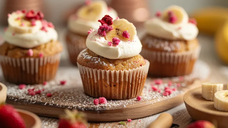 ['Mini cupcakes de banana saudáveis com cobertura de morango.', 'Close-up de cupcakes de banana com frosting de morango.', 'Deliciosos mini cupcakes de banana com cobertura de morango.', 'Pequenos bolinhos de banana decorados com glacê de morango.']