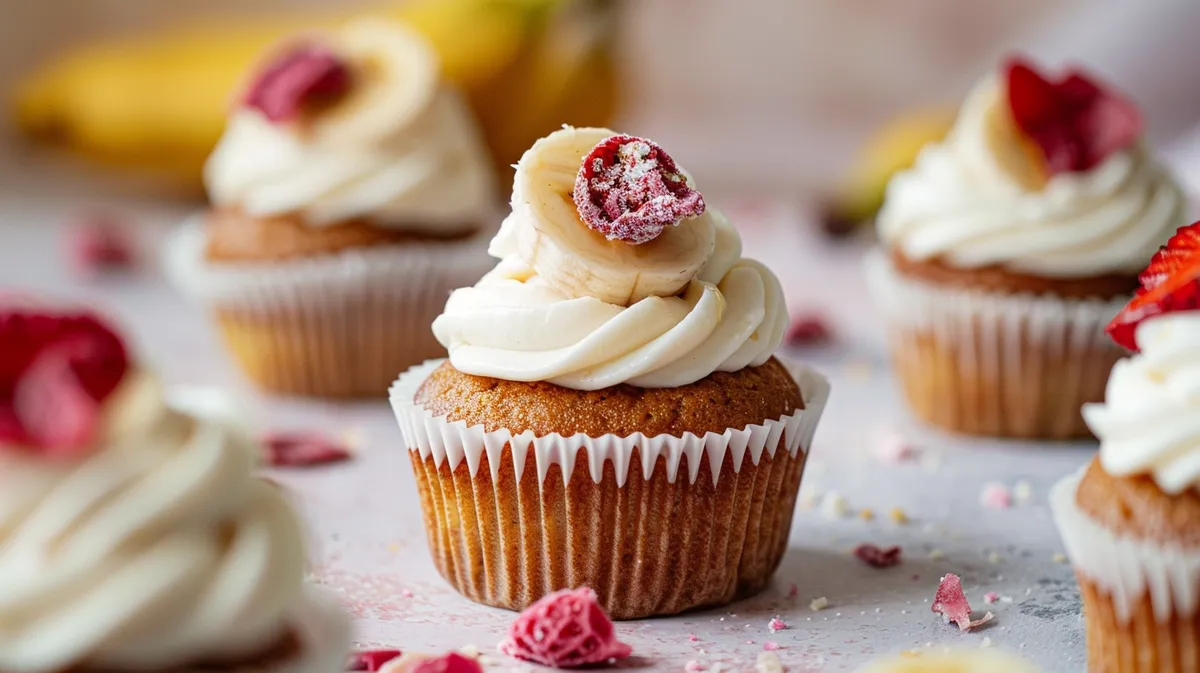 ['Mini cupcakes de banana saudáveis com cobertura de morango.', 'Close-up de cupcakes de banana com frosting de morango.', 'Deliciosos mini cupcakes de banana com cobertura de morango.', 'Pequenos bolinhos de banana decorados com glacê de morango.']