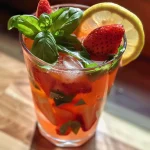 ['Close-up de água aromatizada com morango e manjericão em um copo.', 'Bebida refrescante com morangos e folhas de manjericão.', 'Água gelada com fatias de morango e manjericão fresco.', 'Água aromatizada visualmente atraente com frutas e ervas.']