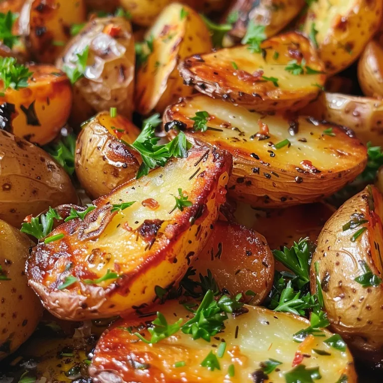 ['Batatas assadas crocantes com alho e alecrim em foco.', 'Close-up de batatas douradas, crocantes e aromáticas.', 'Batatas assadas com alho e ervas, apresentadas de lado.', 'Batatas deliciosas com crosta crocante e temperos frescos.']