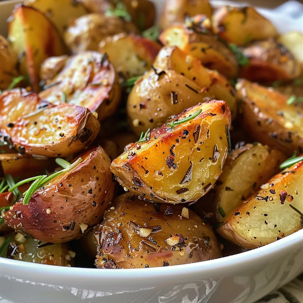 ['Batatas assadas crocantes com alho e alecrim em foco.', 'Close-up de batatas douradas, crocantes e aromáticas.', 'Batatas assadas com alho e ervas, apresentadas de lado.', 'Batatas deliciosas com crosta crocante e temperos frescos.']
