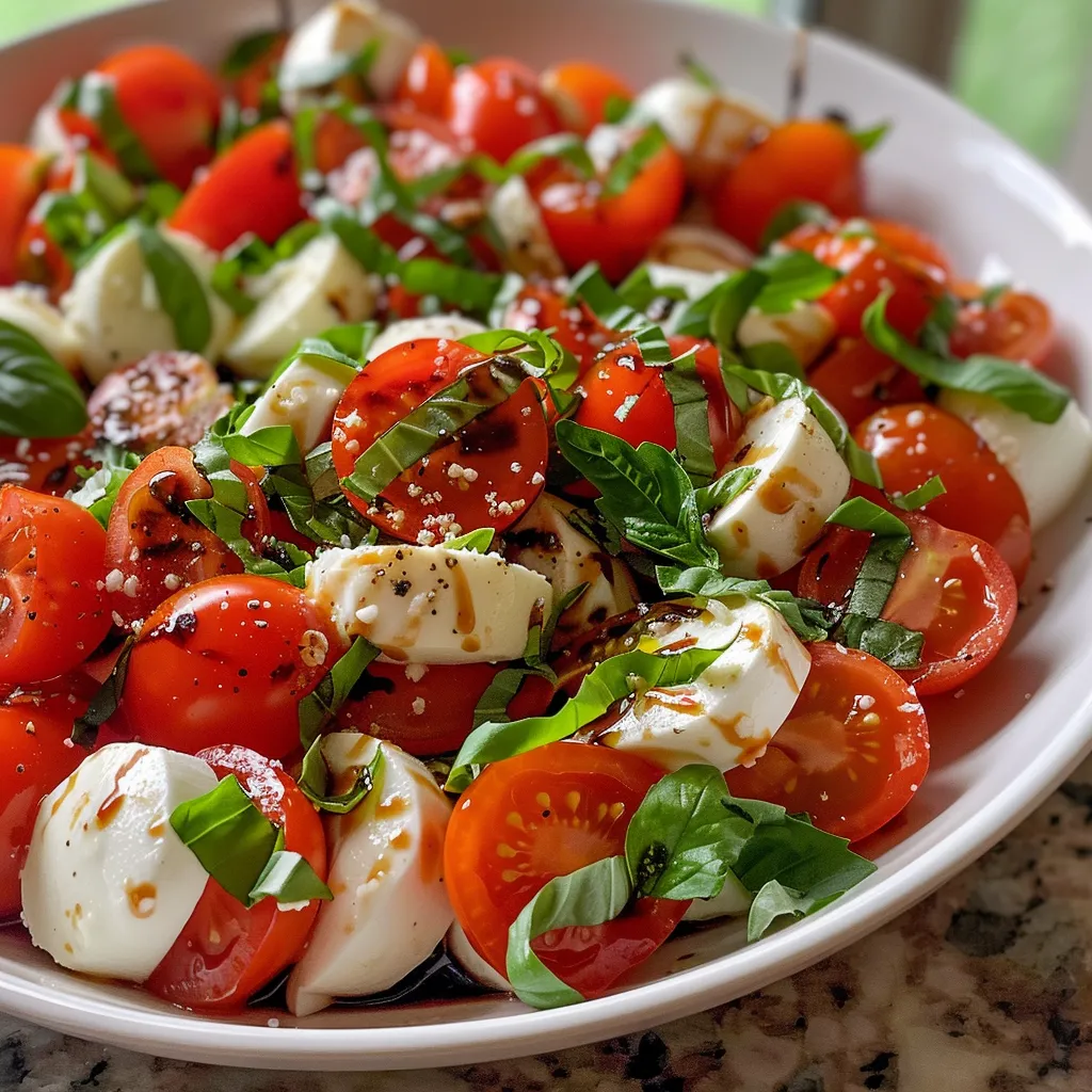 ['Salada Caprese com tomates cereja e mozzarella.', 'Close de salada Caprese com ingredientes frescos.', 'Prato de salada Caprese com tomates e manjericão.', 'Salada Caprese colorida e apetitosamente disposta.']