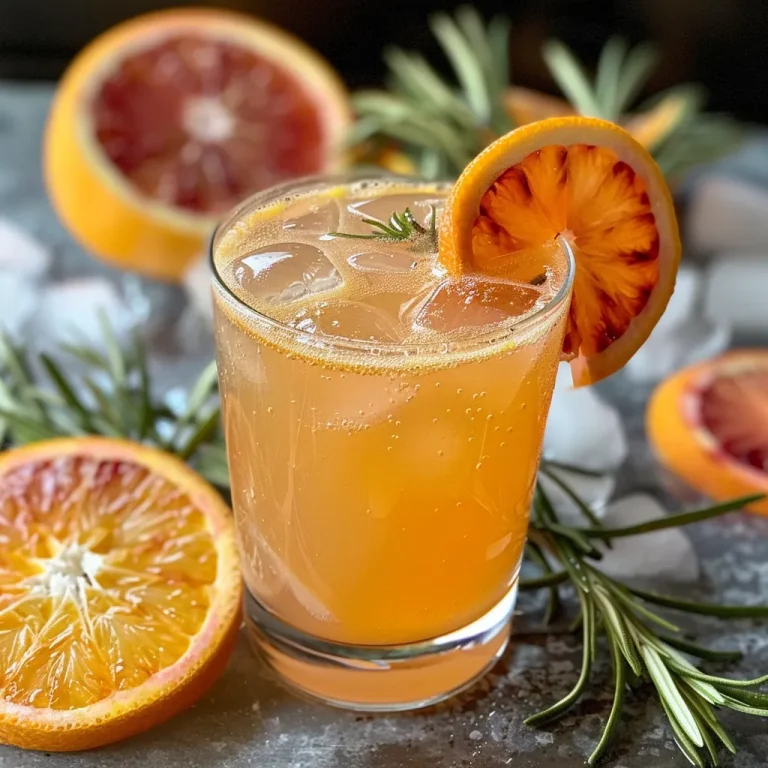 ['Drink refrescante de Spritz de Laranja Sangue com raminhos de alecrim.', 'Copo de Spritz de Laranja Sangue com gelo e decorações de alecrim.', 'Close-up de um Spritz com laranja sangue e ervas.', 'Bebida borbulhante de laranja sangue decorada com rodelas de laranja e alecrim.']
