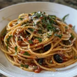 ['Close-up de Pasta Puttanesca com molho vermelho.', 'Prato de Pasta Puttanesca com azeitonas e alcaparras.', 'Espaguete Puttanesca servido em prato raso.', 'Detalhe de Pasta Puttanesca com ingredientes frescos.']