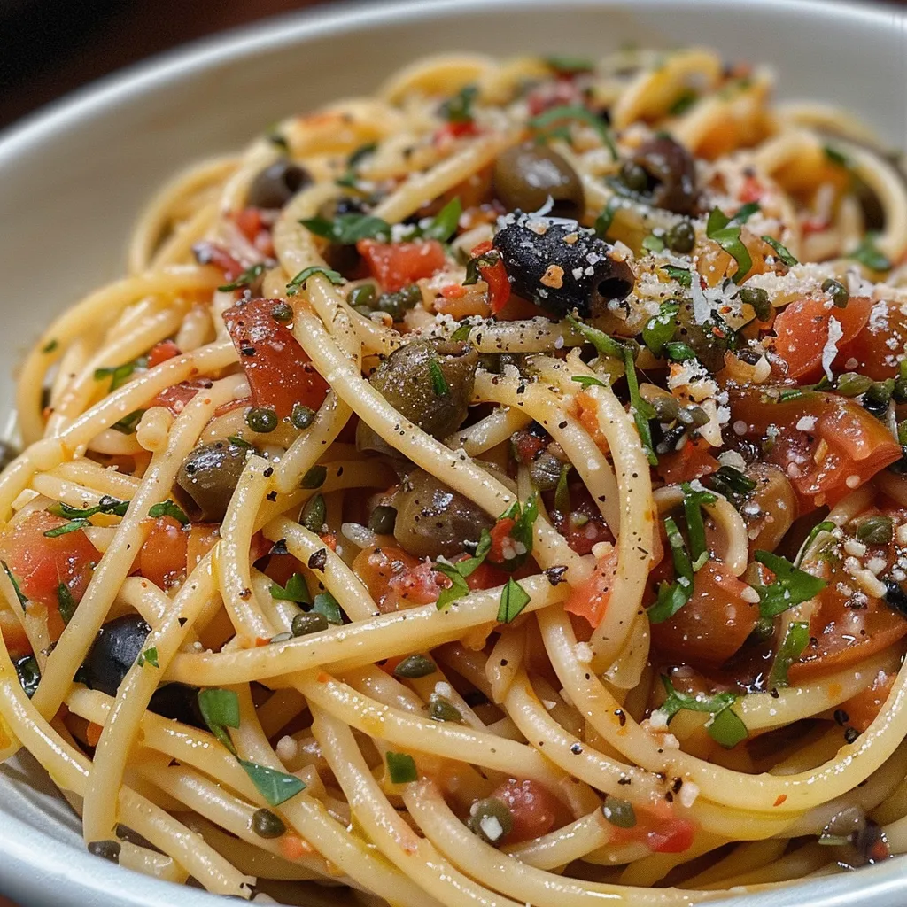 ['Close-up de Pasta Puttanesca com molho vermelho.', 'Prato de Pasta Puttanesca com azeitonas e alcaparras.', 'Espaguete Puttanesca servido em prato raso.', 'Detalhe de Pasta Puttanesca com ingredientes frescos.']