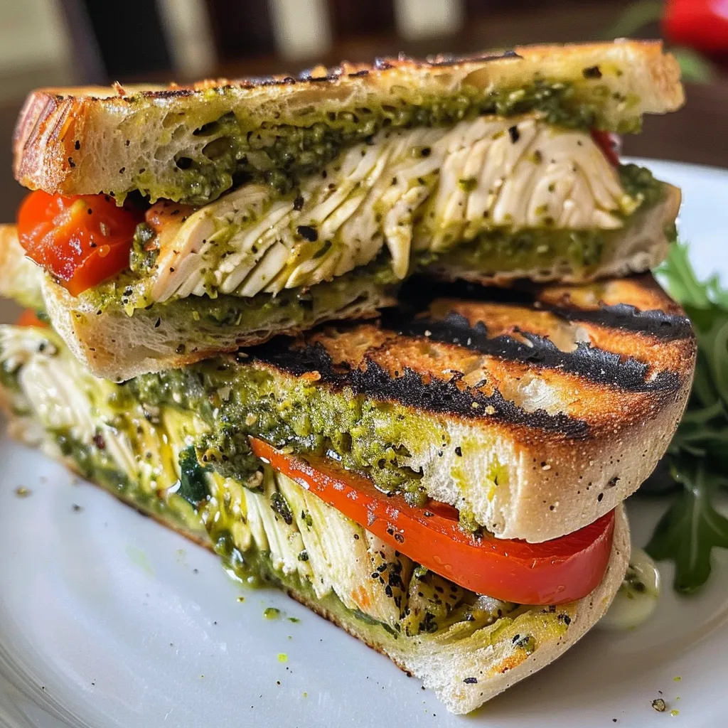['Panini de frango com pesto, recheado e suculento.', 'Close up de um panini crocante com frango e pesto.', 'Panini de frango com pesto e queijo mozzarella.', 'Vista lateral de um panini de frango com pesto, bem recheado.']