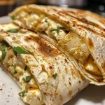 ['Wrap de cottage cheese recheado com ingredientes frescos.', 'Close-up de um wrap de cottage cheese com queijo parmesão.', 'Vista lateral de um delicioso wrap de cottage cheese.', 'Wrap de cottage cheese com ovos e temperos italianos.']