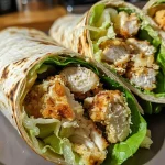 ['Wraps de frango suculentos com ingredientes frescos.', 'Close-up de wraps de frango com queijo parmesão e alface.', 'Deliciosos wraps de frango com molho Caesar cremoso.', 'Vista lateral de wraps de frango crocantes e saudáveis.']