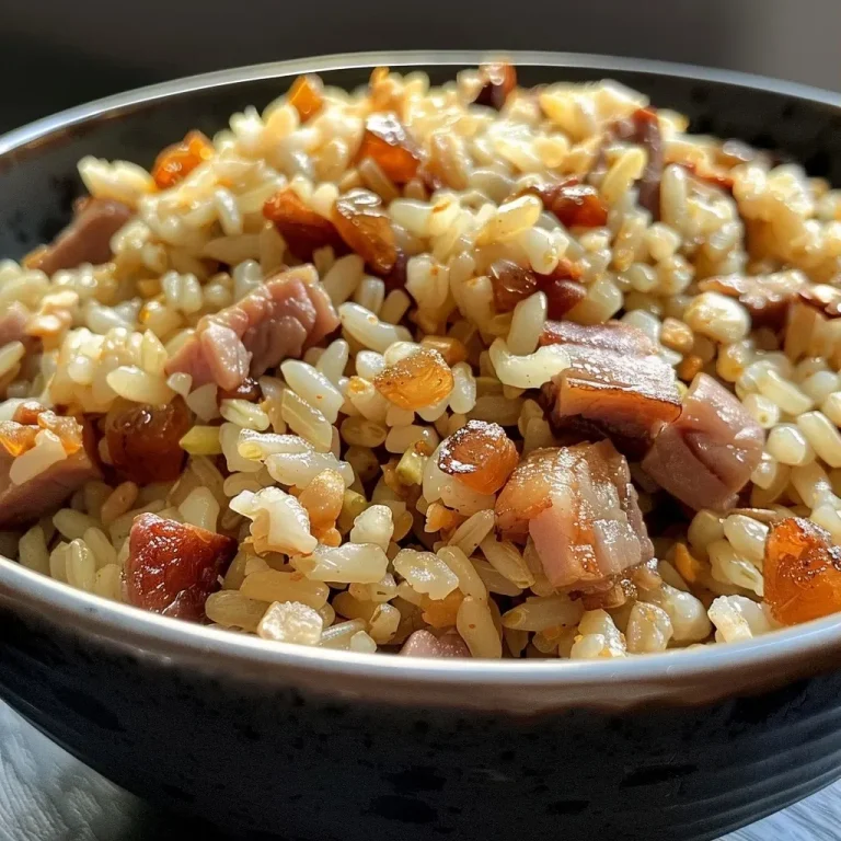 ['Prato de Arroz Navideño com amêndoas, passas e bacon.', 'Close de Arroz Navideño decorado com amêndoas e passas.', 'Arroz Navideño servido com bacon, passas e amêndoas.', 'Porção de Arroz Navideño com ingredientes festivos.']