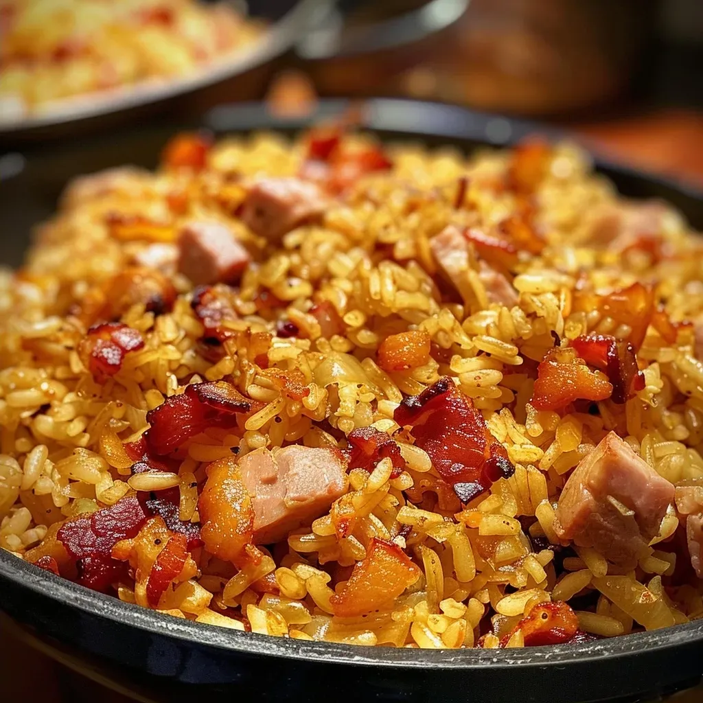 ['Prato de Arroz Navideño com amêndoas, passas e bacon.', 'Close de Arroz Navideño decorado com amêndoas e passas.', 'Arroz Navideño servido com bacon, passas e amêndoas.', 'Porção de Arroz Navideño com ingredientes festivos.']