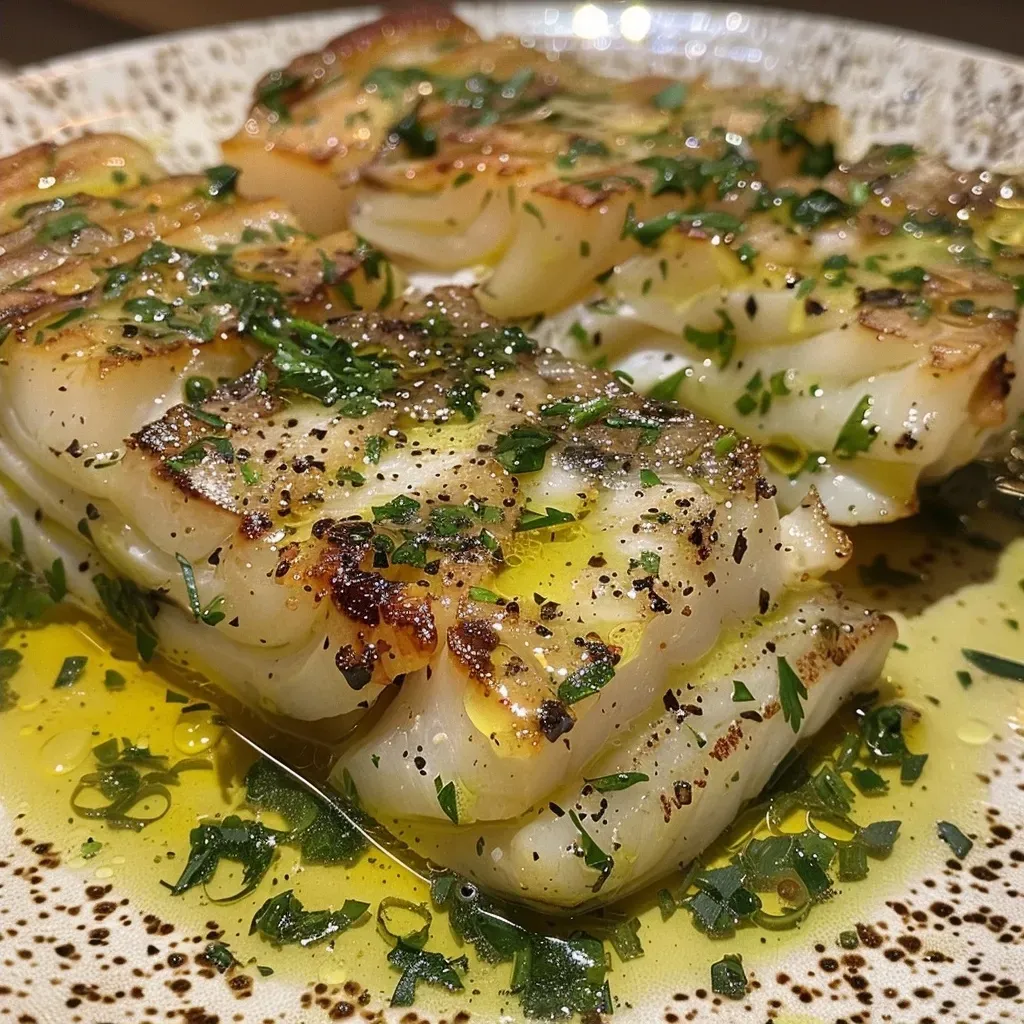 Close-up de um prato de bacalhau com castanhas, decorado com espinafre.