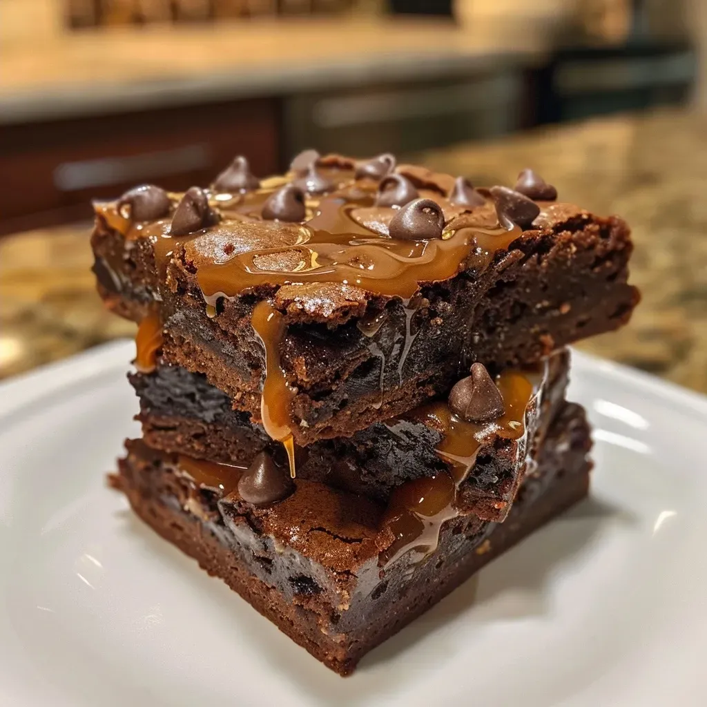 Brownies de caramelo salgado com cobertura brilhante.