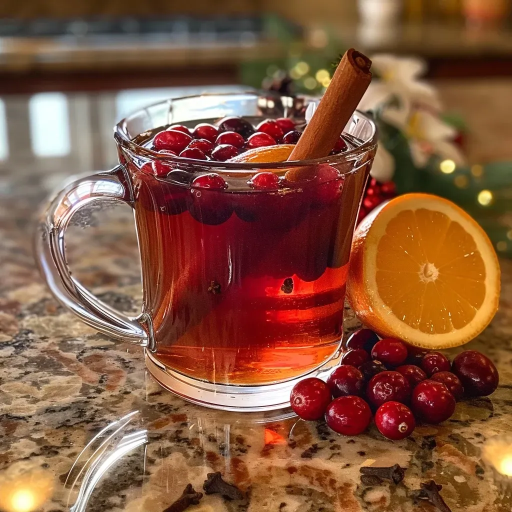 Xícara de chá de cranberry especiado com especiarias visíveis.