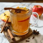 ['Chá de maçã com especiarias em uma xícara, decorado com canela e laranja.', 'Close-up de uma bebida quente de chá de maçã com especiarias.', 'Xícara de chá delicioso, mostrando canela e especiarias na superfície.', 'Bebida de outono, chá de maçã com especiarias servida quente.']