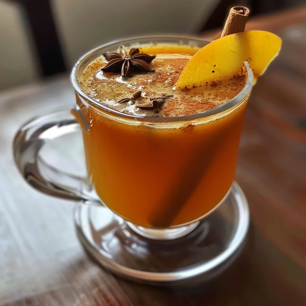 ['Chá de maçã com especiarias em uma xícara, decorado com canela e laranja.', 'Close-up de uma bebida quente de chá de maçã com especiarias.', 'Xícara de chá delicioso, mostrando canela e especiarias na superfície.', 'Bebida de outono, chá de maçã com especiarias servida quente.']