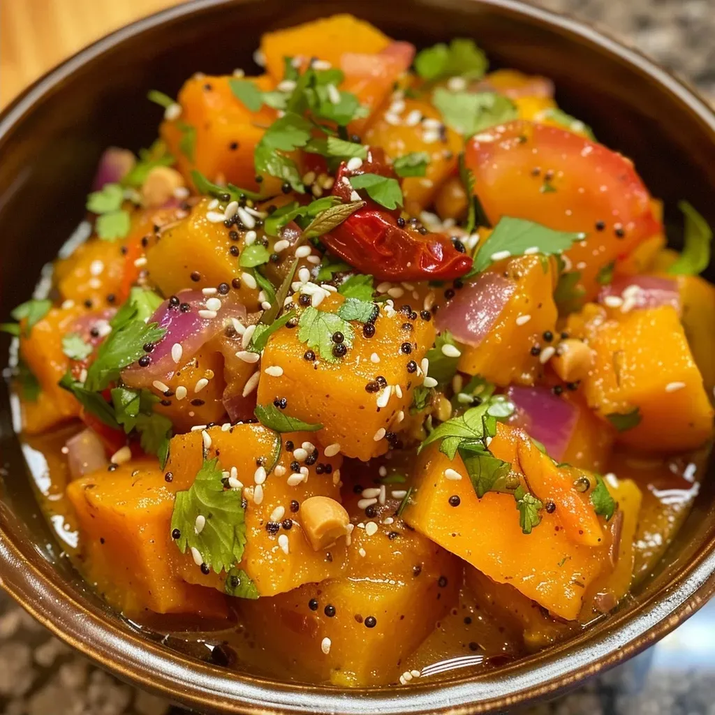 Curry de abóbora tailandês cremoso em um prato.