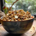['Farofa com granola em um prato colorido.', 'Close-up de farofa com granola e vegetais.', 'Porção de farofa decorada com salsinha.', 'Farofa com granola apresentada de lado.']