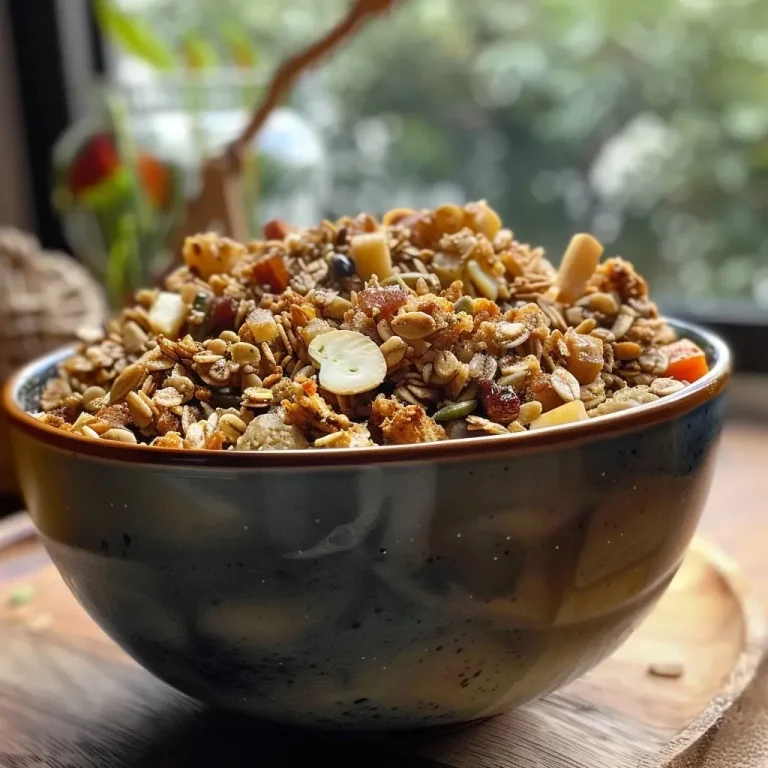 ['Farofa com granola em um prato colorido.', 'Close-up de farofa com granola e vegetais.', 'Porção de farofa decorada com salsinha.', 'Farofa com granola apresentada de lado.']