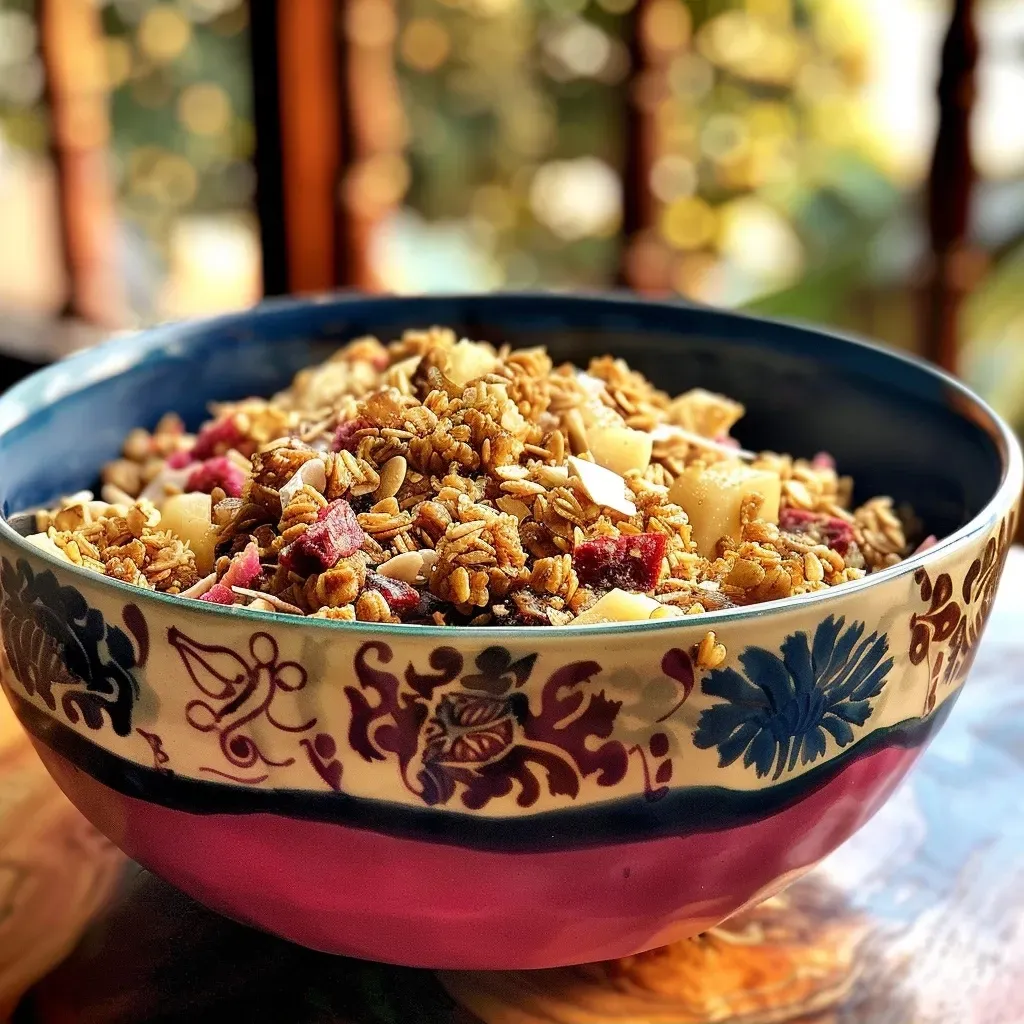['Farofa com granola em um prato colorido.', 'Close-up de farofa com granola e vegetais.', 'Porção de farofa decorada com salsinha.', 'Farofa com granola apresentada de lado.']