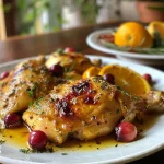 ['Frango assado com laranja e cranberries, com pele dourada.', 'Sobrecoxa de frango ao molho de laranja e cranberries.', 'Prato de frango assado, realçado com frutas cítricas e cranberries.', 'Close de sobrecoxas de frango suculentas com laranja e cranberries.']