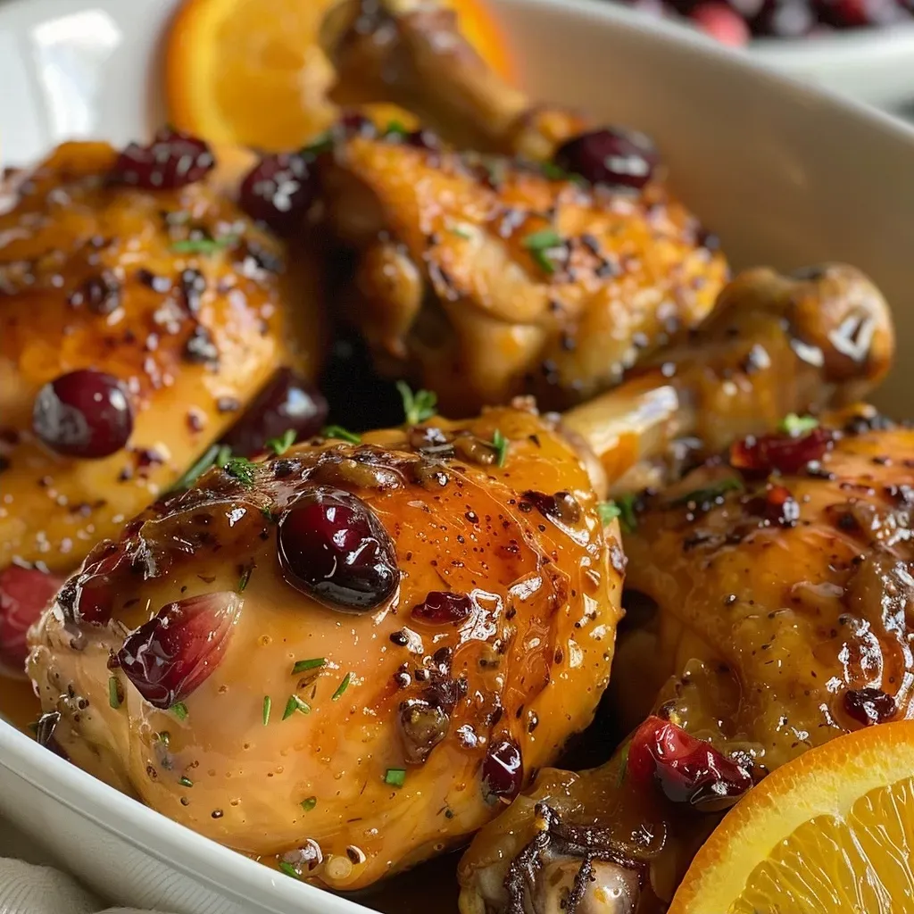 ['Frango assado com laranja e cranberries, com pele dourada.', 'Sobrecoxa de frango ao molho de laranja e cranberries.', 'Prato de frango assado, realçado com frutas cítricas e cranberries.', 'Close de sobrecoxas de frango suculentas com laranja e cranberries.']