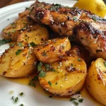 ['Frango assado com batatas douradas em um prato.', 'Close de frango suculento com pedaços de batata assada.', 'Coxas de frango e batatas assadas apresentadas em um ângulo lateral.', 'Prato de frango com batatas assadas, bem temperado e apetitoso.']